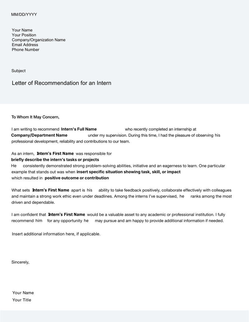 Letter of Recommendation for an Intern highlighting supervisor endorsement, intern achievements and future recommendation