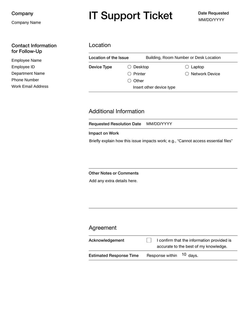 IT Support Ticket Form for reporting and tracking technical issues