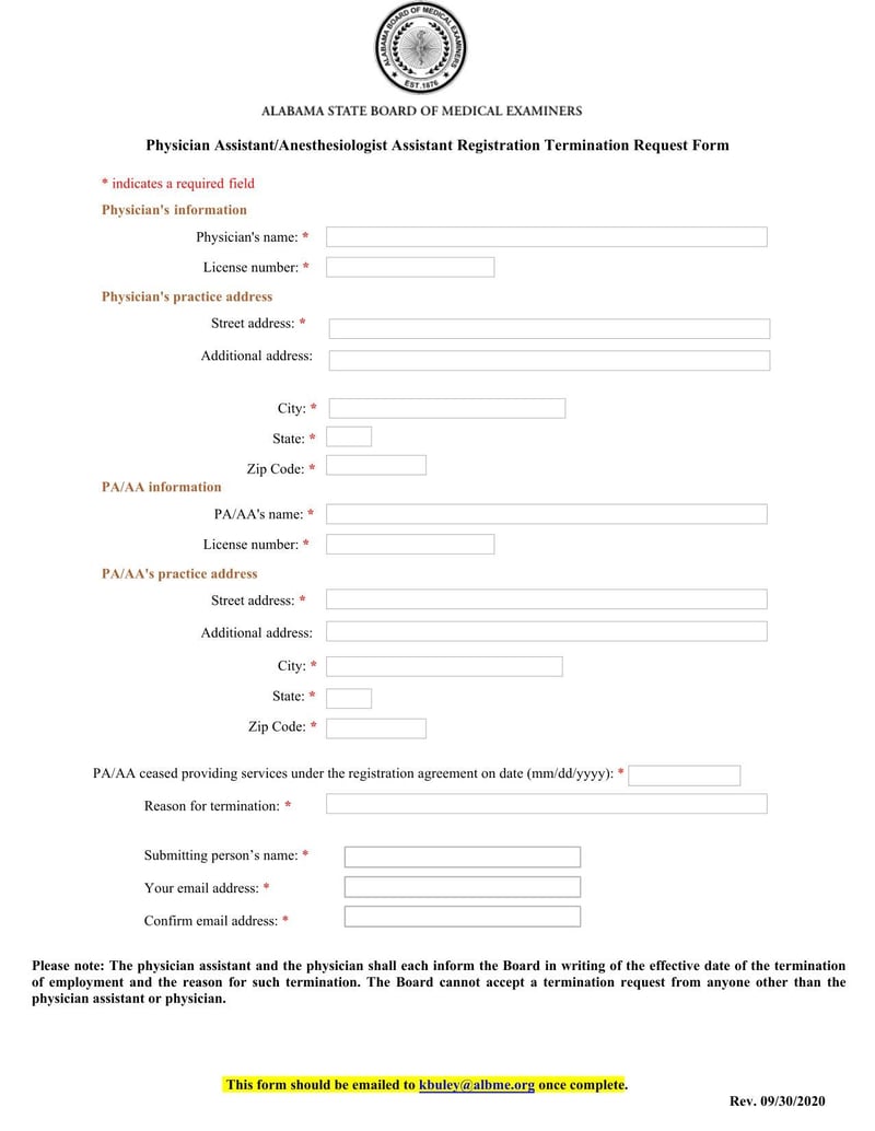 Large thumbnail of Alabama Physician Assistant/Anesthesiologist Assistant Registration Termination Request Form