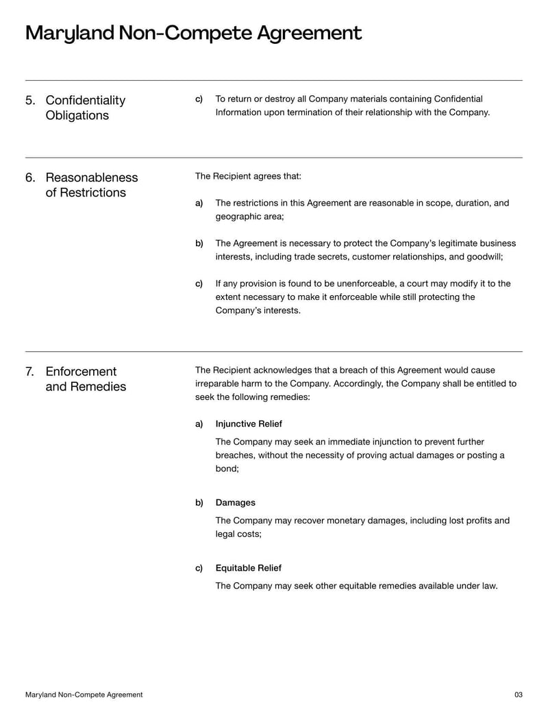 Non-Compete Agreement Maryland detailing terms for non-competition, confidentiality, and related employment restrictions
