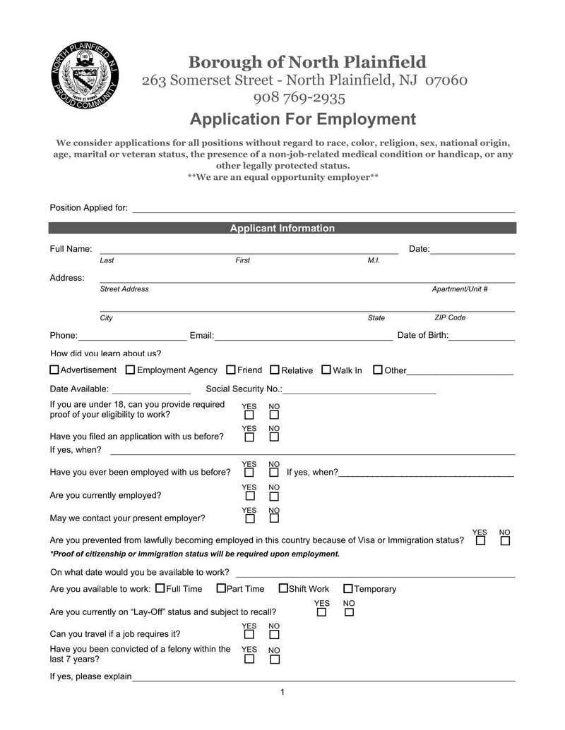 Large thumbnail of North Plainfield Application for Employment