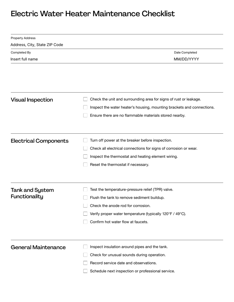 Electric Water Heater Maintenance Checklist with sections for inspection, electrical testing and general maintenance