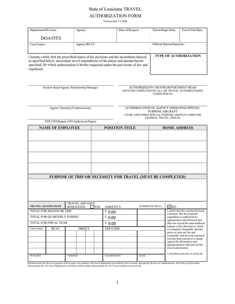 Thumbnail of Travel Authorization Form - Louisiana - Feb 2020 - page 0