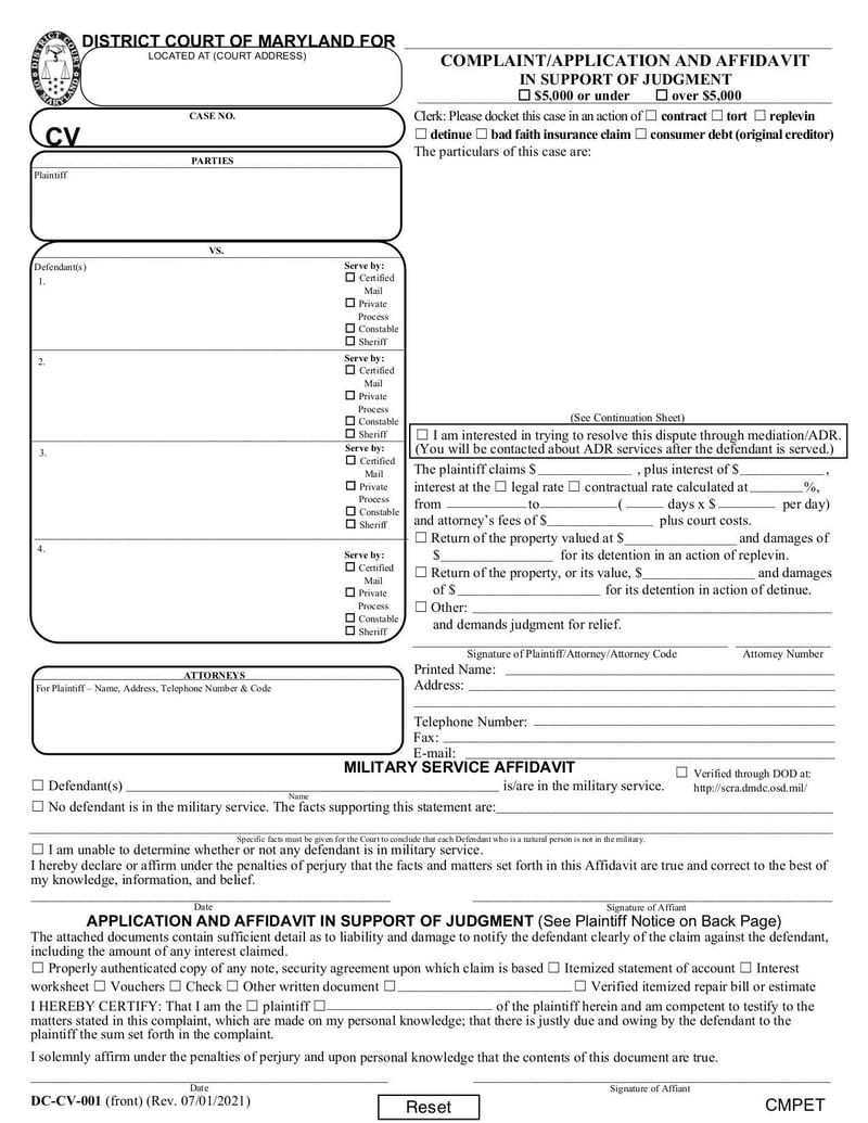 Large thumbnail of Complaint/Application and Affidavit in Support of Judgment (Form DC-CV-001) - Jun 2021