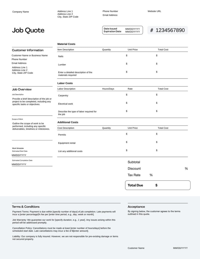 Generic Job Quote for providing a price estimate for various job types or services