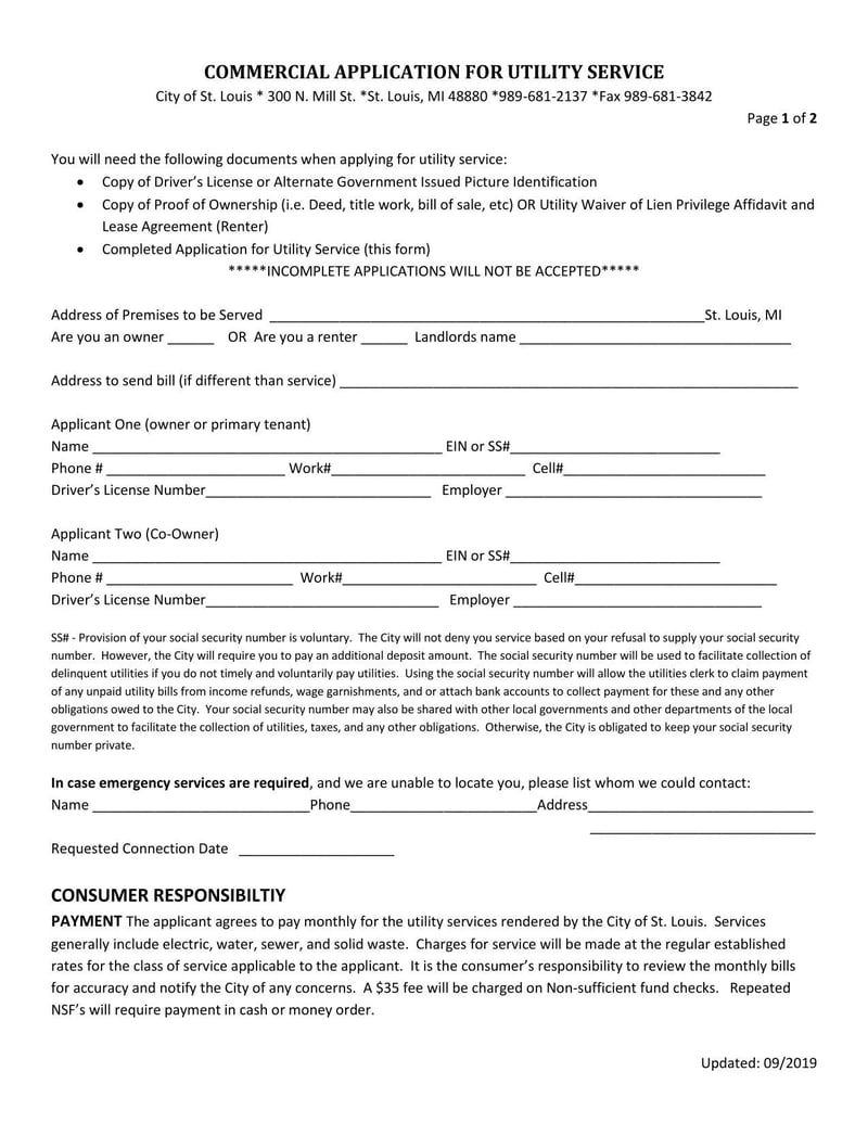 Large thumbnail of City of St. Louis Commercial Application for Utility Service