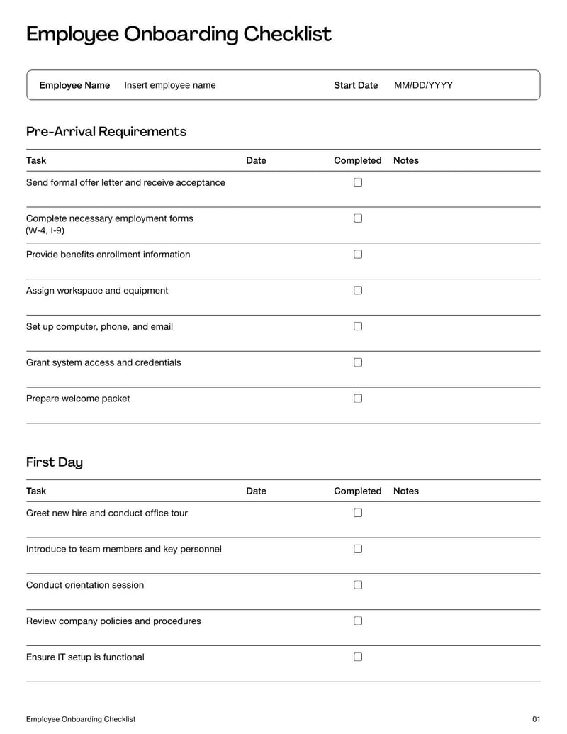 Employee Onboarding Checklist detailing steps to integrate new hires, including orientation and training