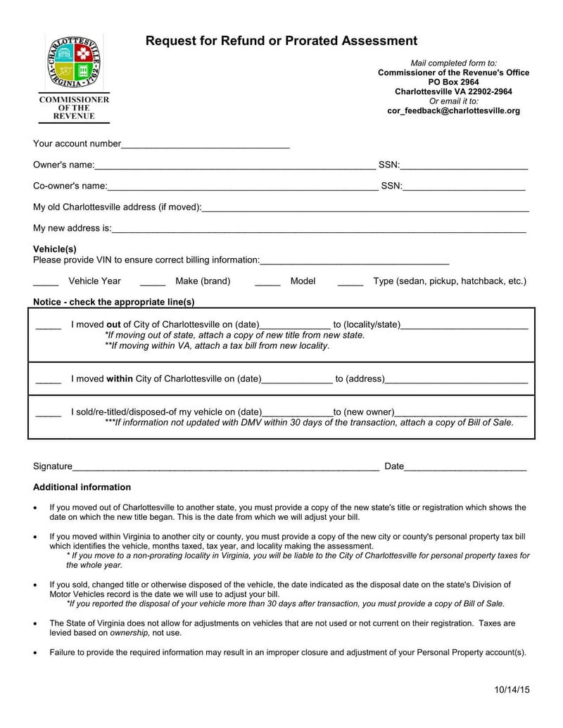 Large thumbnail of Virginia Request for Refund or Prorated Assessment