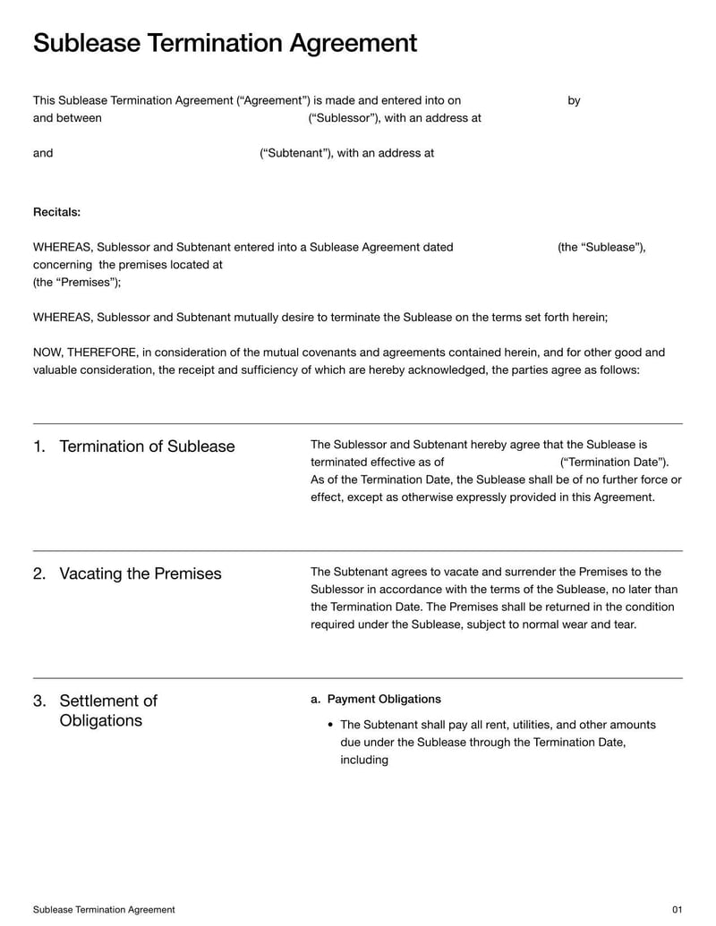 Sublease Termination Agreement for ending a sublease before its expiration