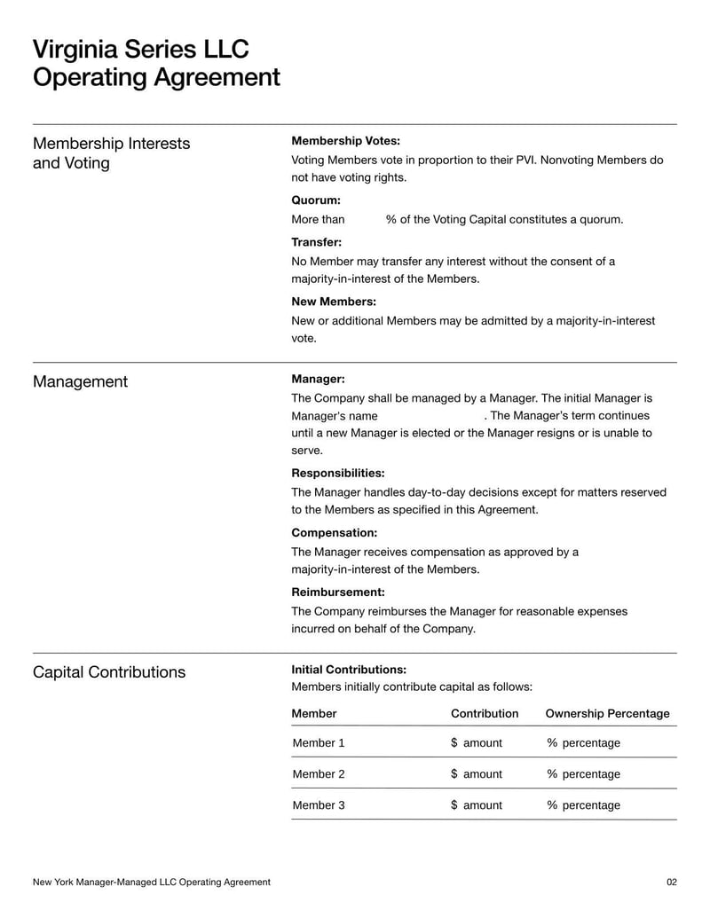 Virginia Series LLC Operating Agreement outlining structure and management of a Virginia Series LLC