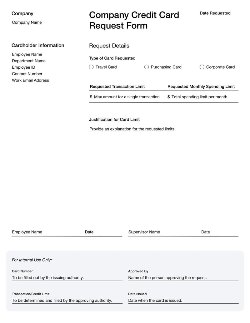 Credit Card Request Form for employees to apply for a company-issued credit card