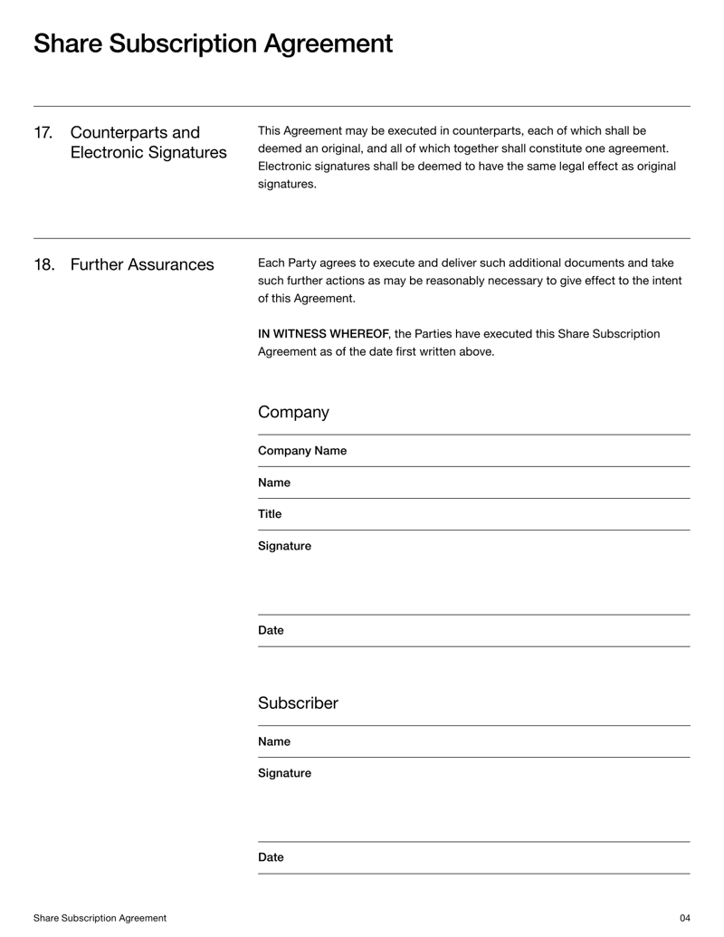 Share Subscription Agreement defining the issuance and purchase of shares, investment terms, investor rights, and compliance with US securities laws