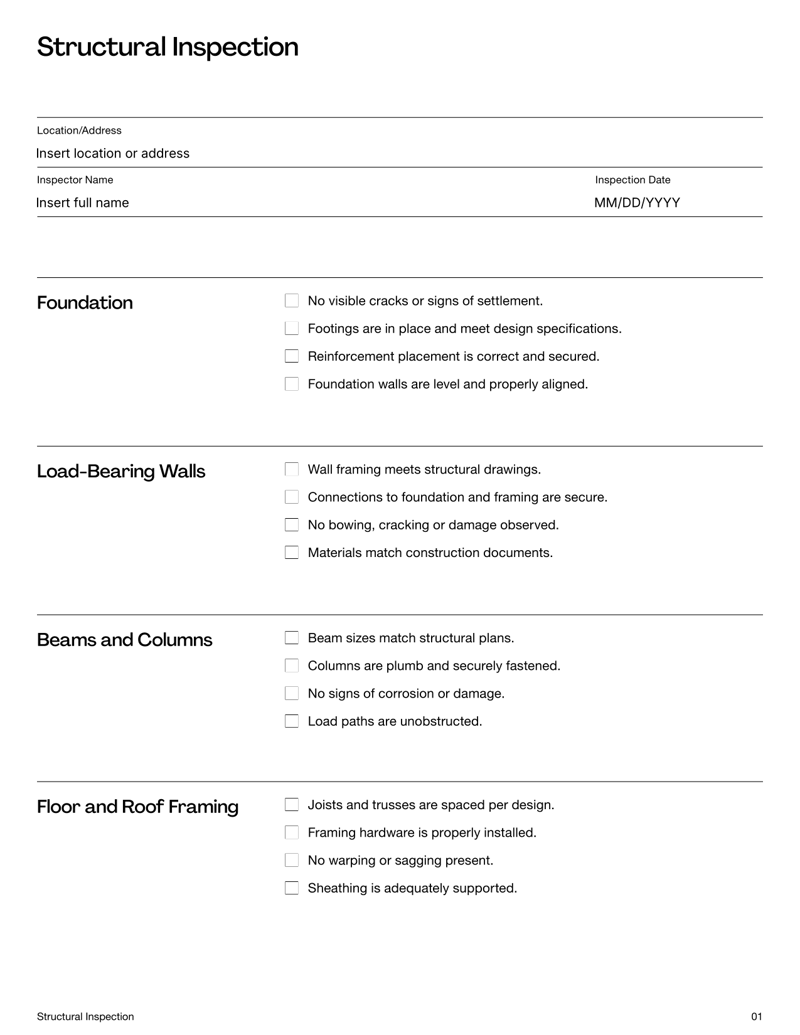 Structural Inspection Checklist for reviewing foundations, walls, beams and structural framing
