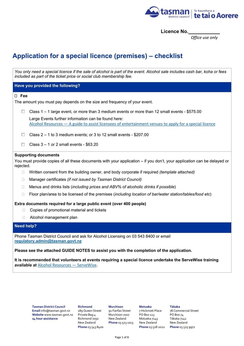 Large thumbnail of New Zealand Application for Special Licence (Premises)