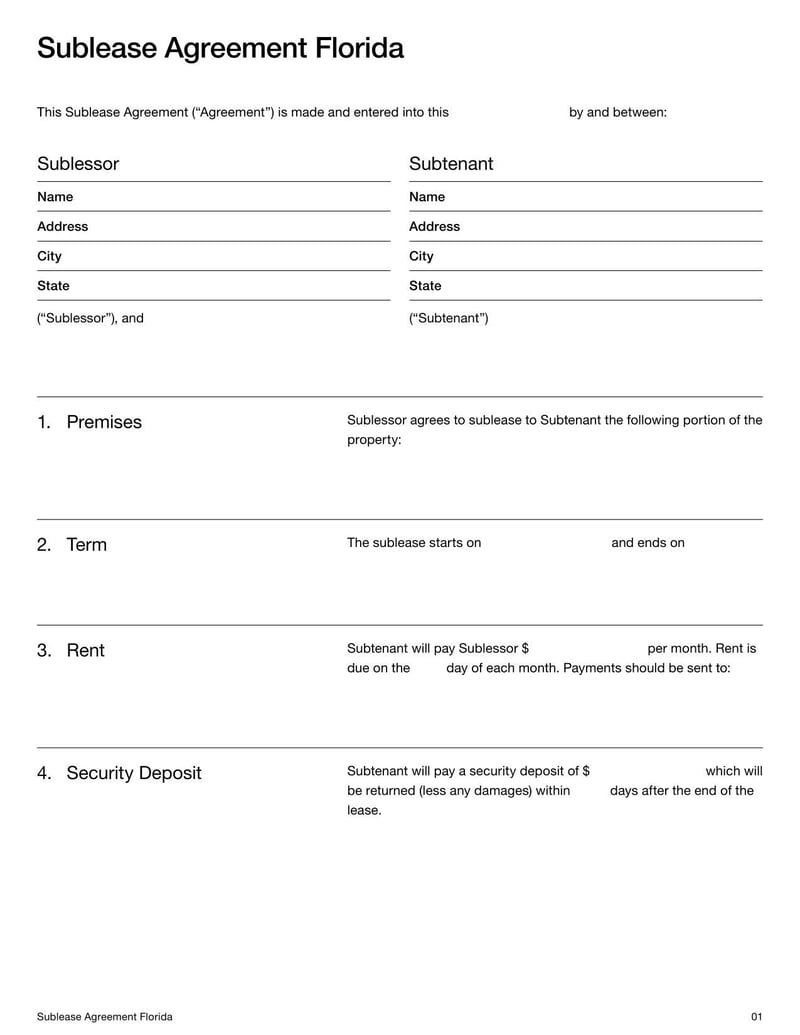 Sublease Agreement Florida for subletting rental property in Florida