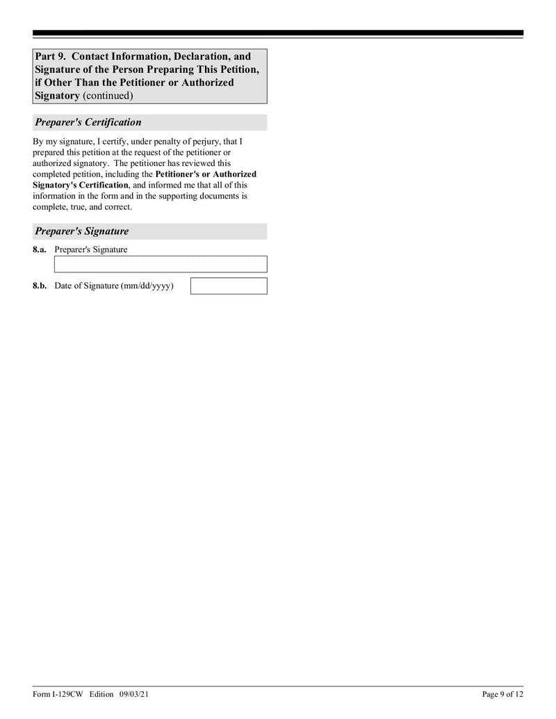 Large thumbnail of Form I-129CW - Sep 2021
