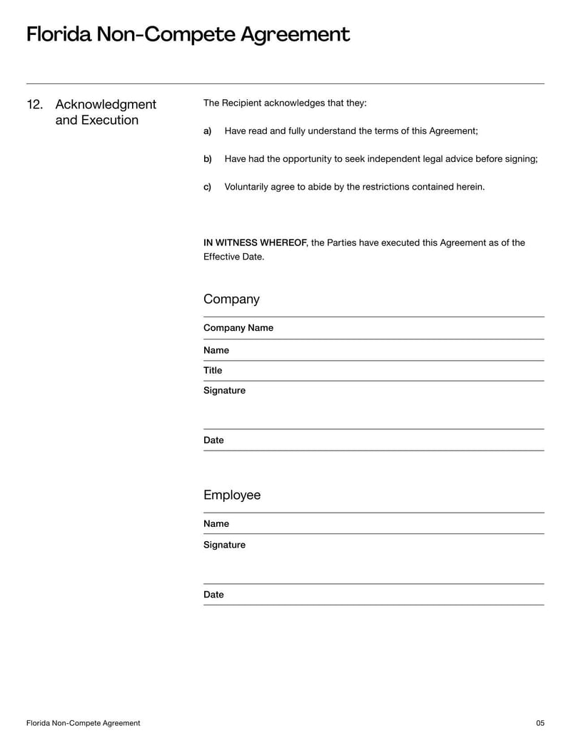 Non-Compete Agreement Florida for specifying employment restrictions on competitive work within the state’s legal limits