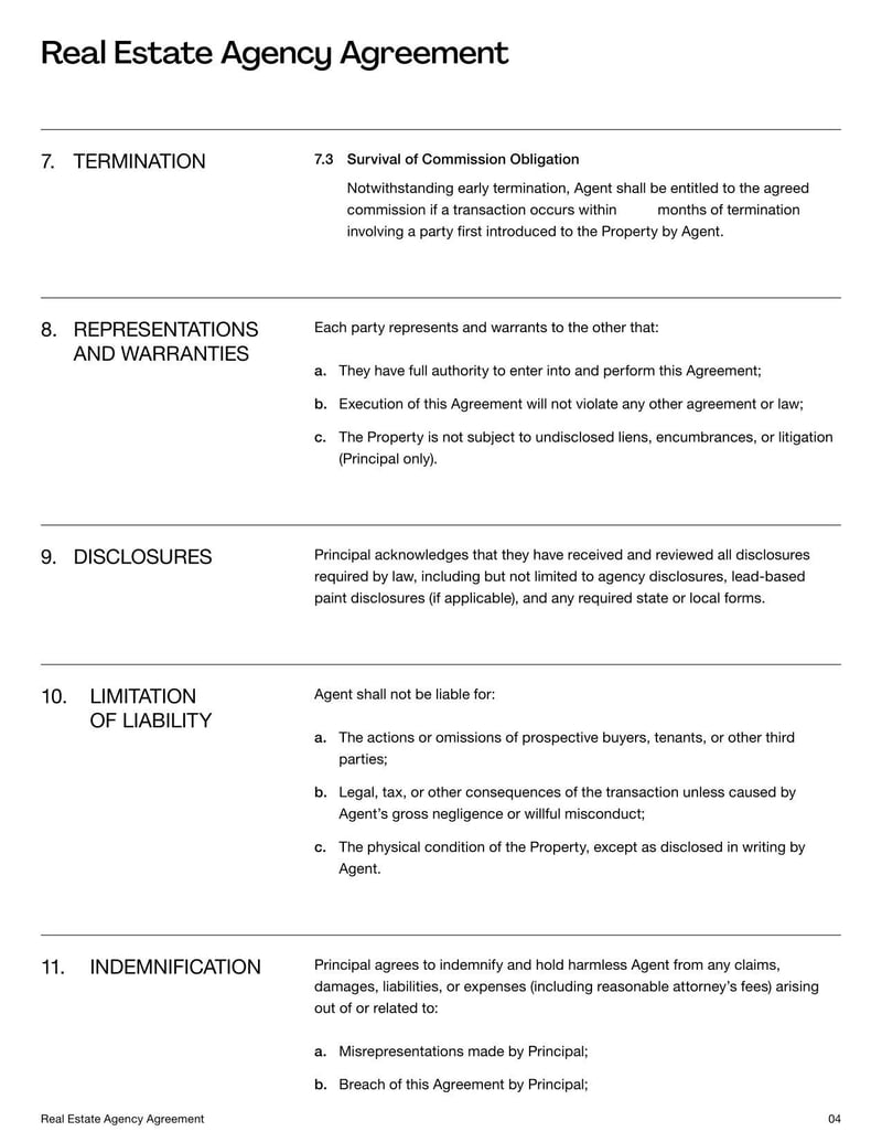 Real Estate Agency Agreement Template for defining the terms between property owners and real estate agents