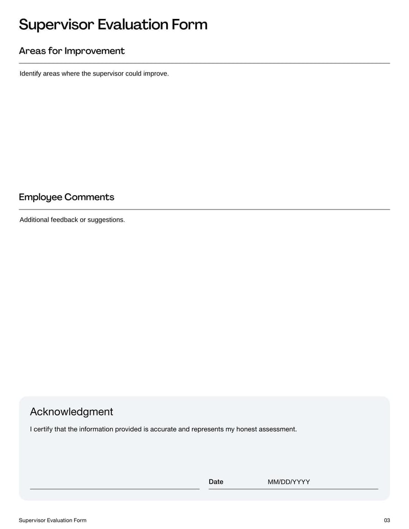 Supervisor Evaluation Form for assessing a supervisor's performance, leadership, and management skills