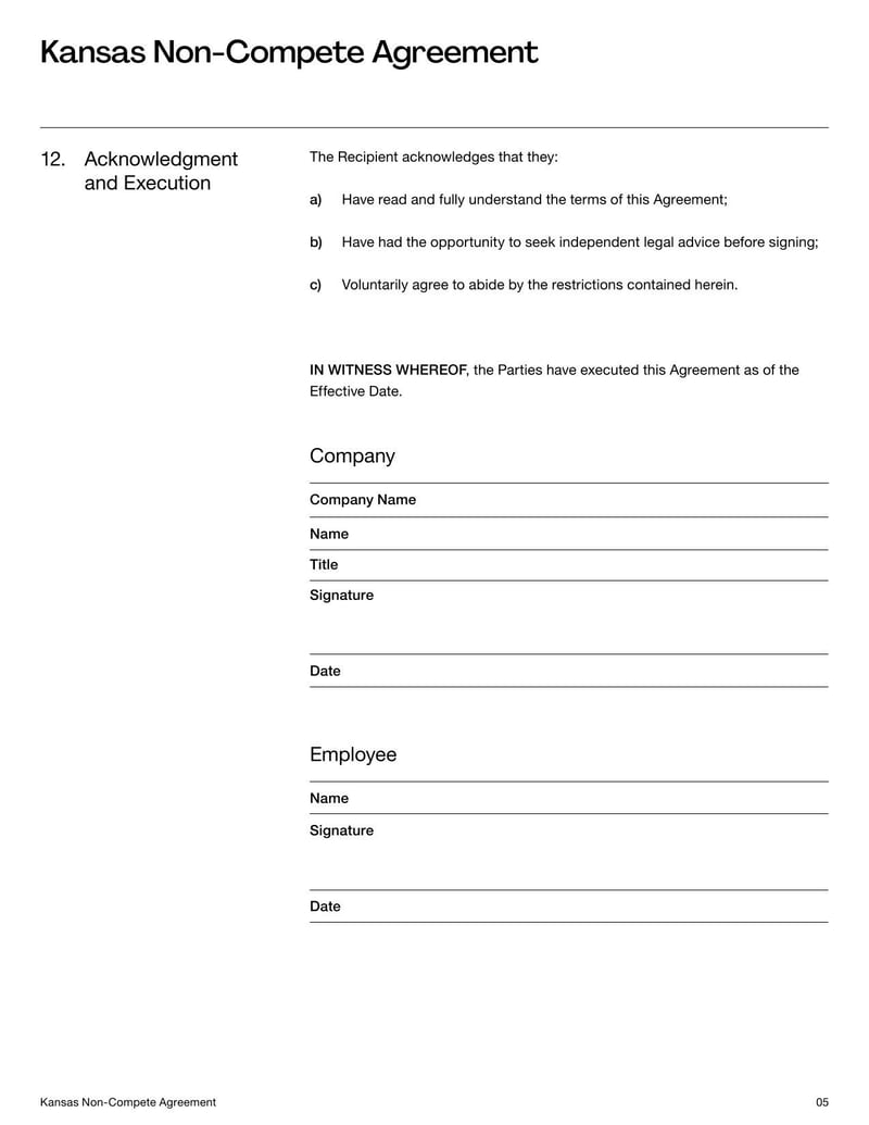 Non-Compete Agreement Kansas template outlining employment competition restrictions