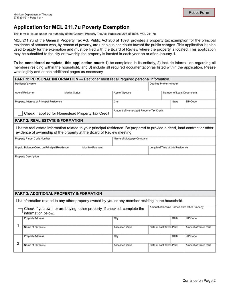 Large thumbnail of Application for MCL 211.7u Poverty Exemption - Jan 2021