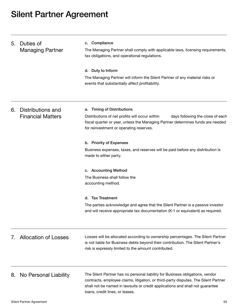Silent Partner Agreement defining investment terms, partner roles, liability limits and profit distribution