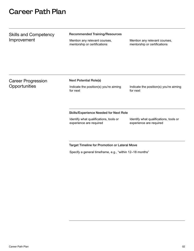 Career Path Plan with goal-setting, skill assessment and development tracking fields