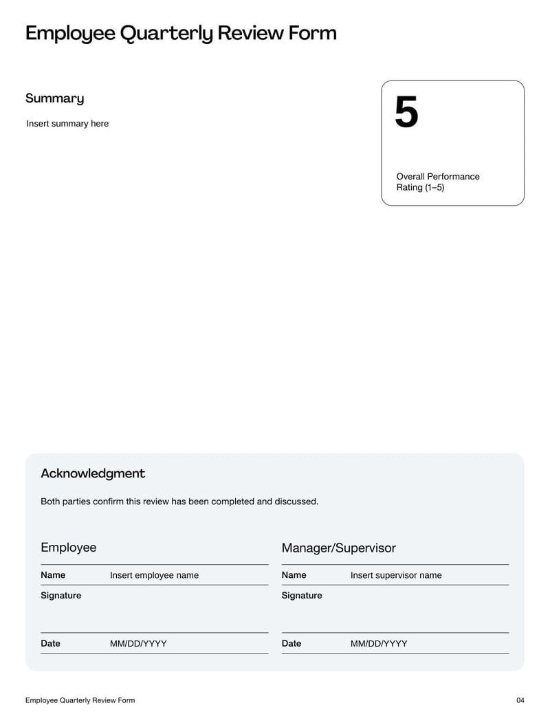 Employee Quarterly Review Form for evaluating performance over a three-month period