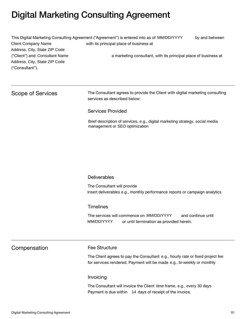 Digital Marketing Consulting Agreement for defining services and terms for digital marketing