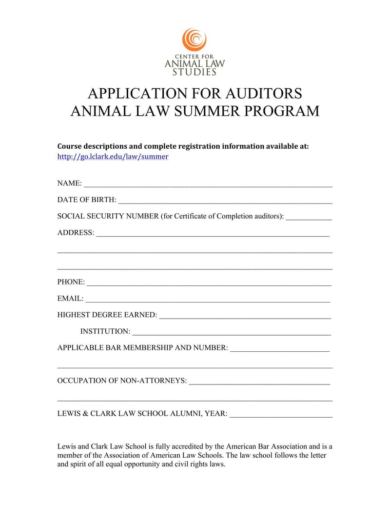 Large thumbnail of Lewis & Clark Law School Application for Auditors Animal Law Summer Program