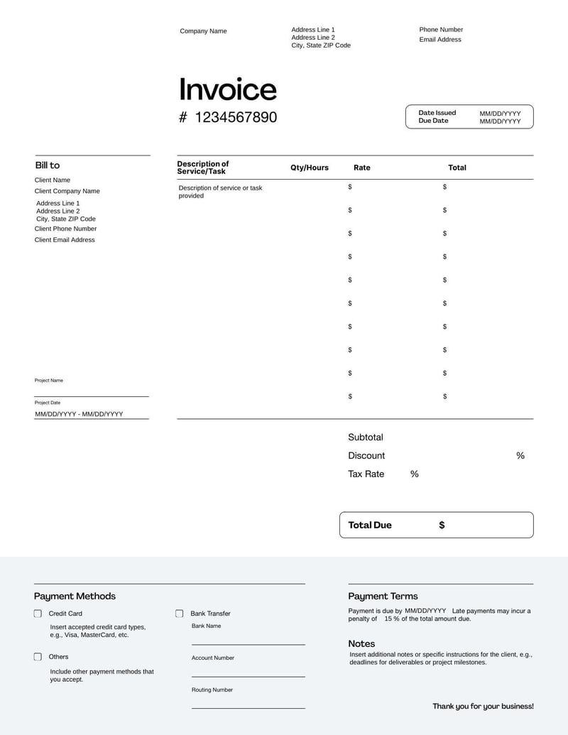 Freelance Billing Invoice Template for independent contractors to charge clients for completed work
