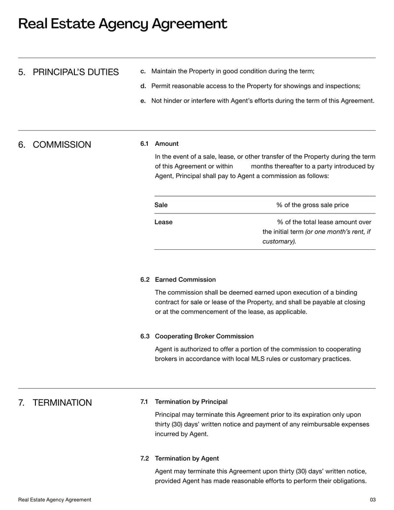 Real Estate Agency Agreement Template for defining the terms between property owners and real estate agents