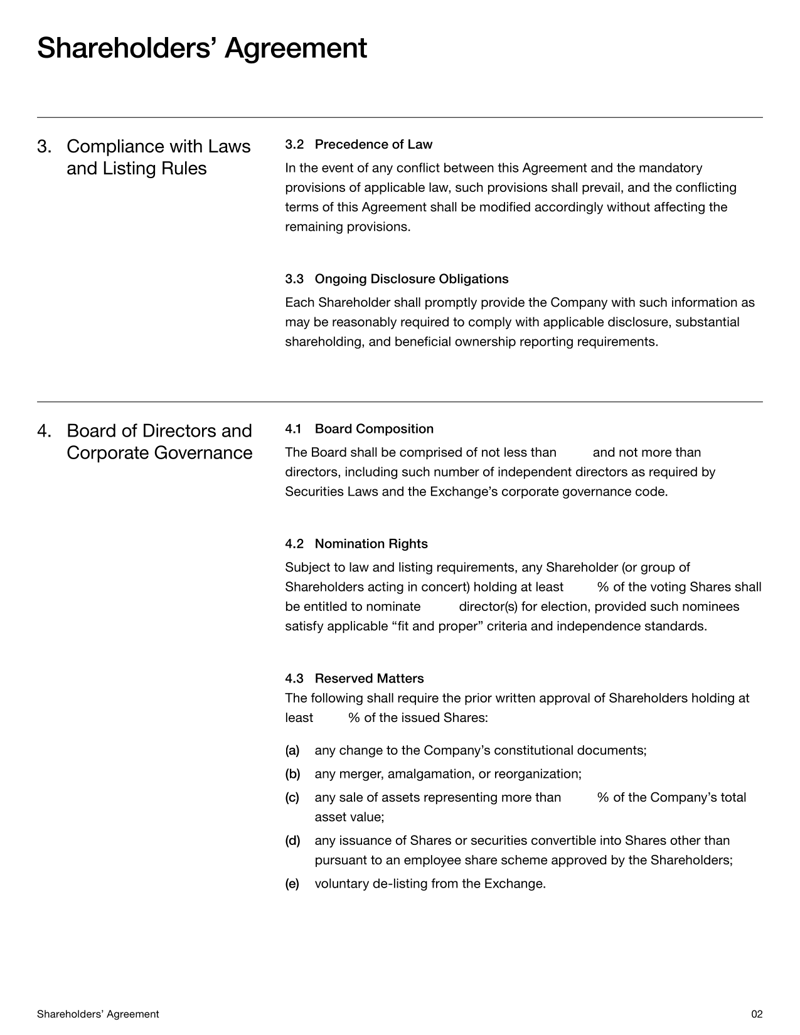 Shareholders’ Agreement (Public Company) covering shareholder rights, governance, dividends, voting and dispute resolution