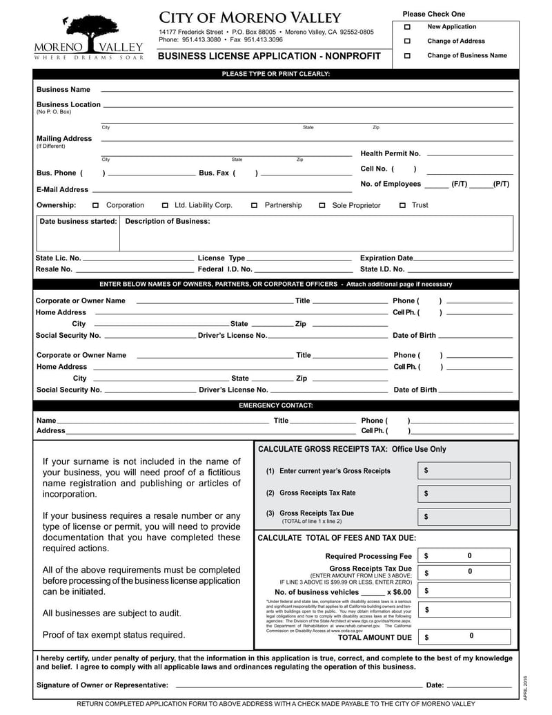 Large thumbnail of City of Moreno Valley Business License Application - Nonprofit