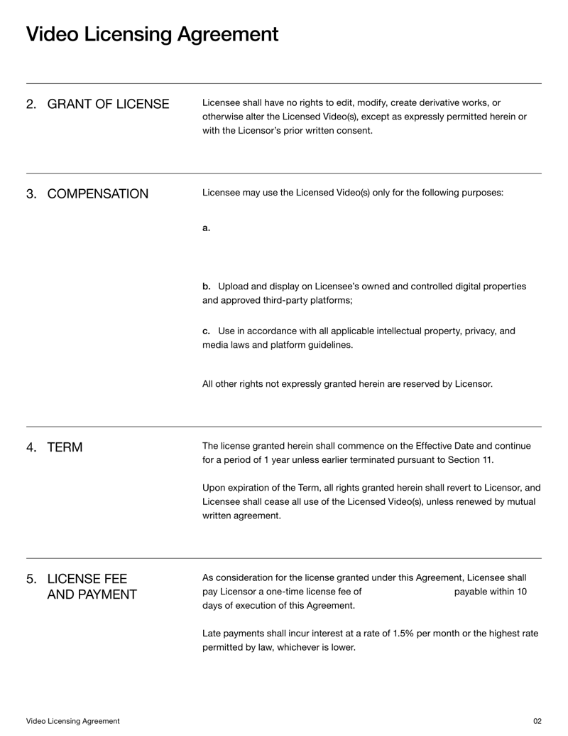 Video Licensing Agreement detailing license terms, usage rights, and restrictions
