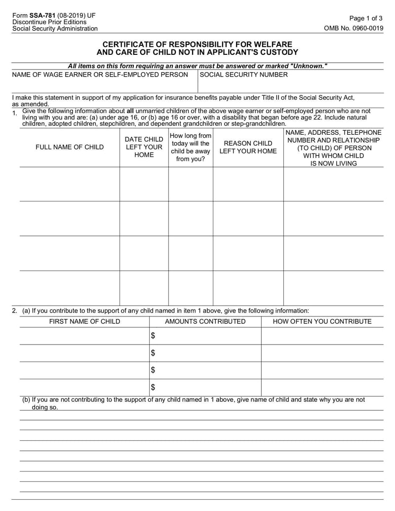 Large thumbnail of Certificate of Responsibility for Welfare and Care of Child Not in Applicant's Custody (Form SSA-781) - Oct 2019