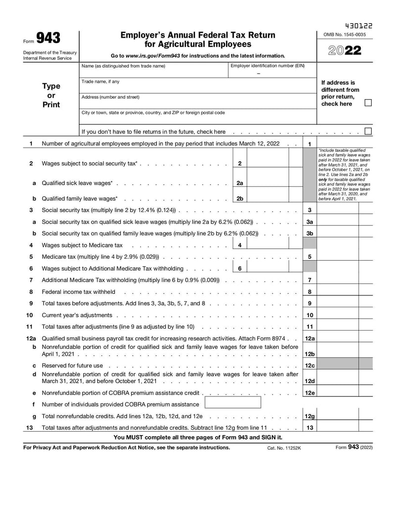 Large thumbnail of Form 943 - Jan 2022
