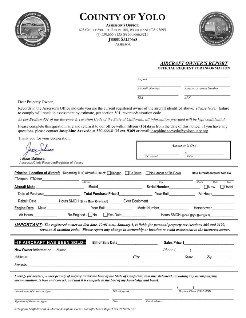Large thumbnail of County of Yolo Aircraft Owner's Report