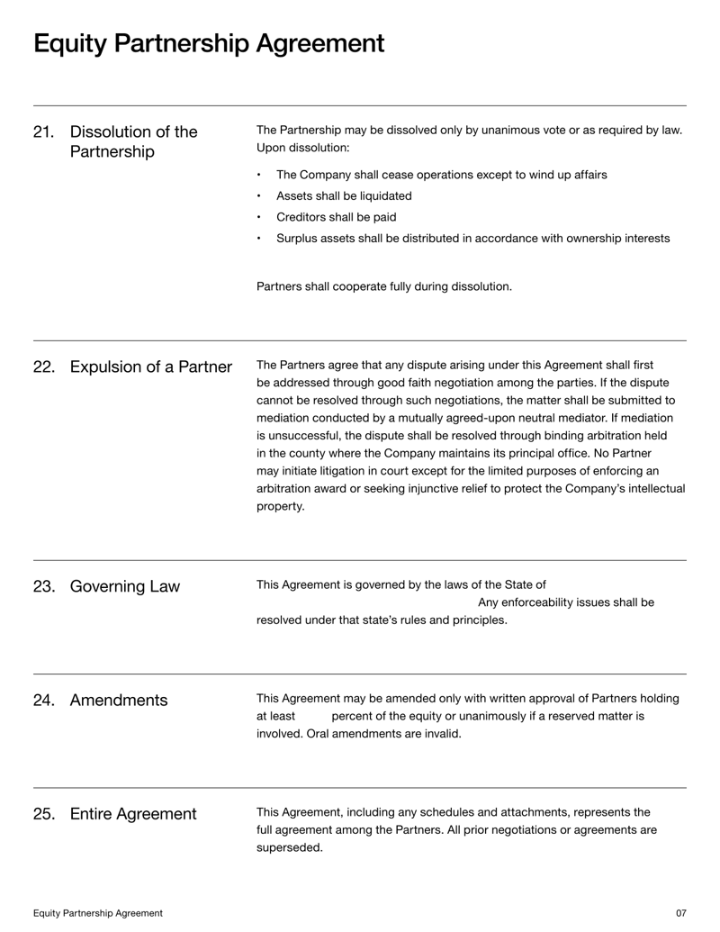 Equity Partnership Agreement defining ownership shares, profit distribution, management responsibilities, and obligations between partners under US law