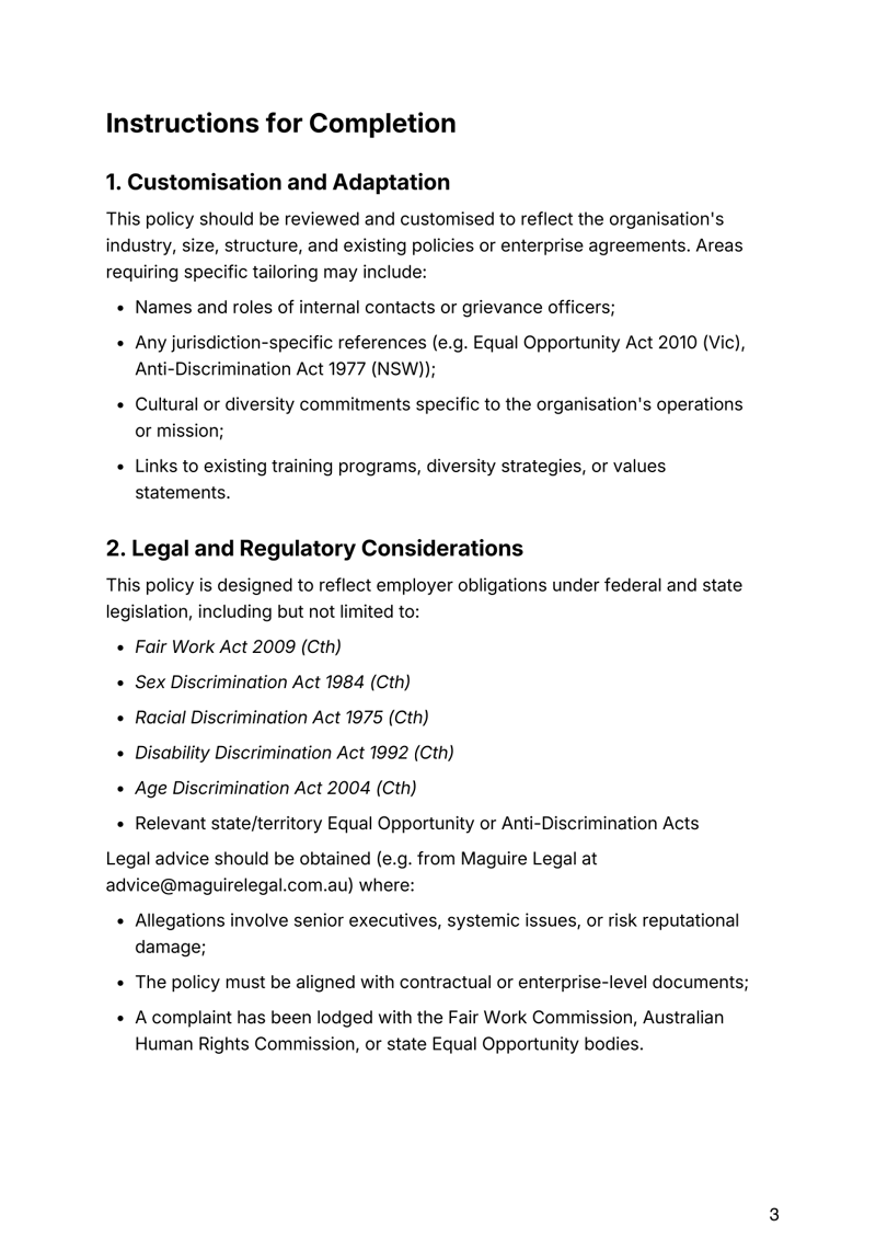Anti-Discrimination Policy for Australian workplaces covering equality, compliance and complaint procedures