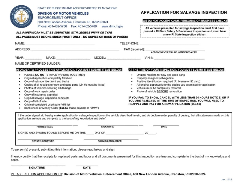 Large thumbnail of Rhode Island Application for Salvage Inspection (2015)