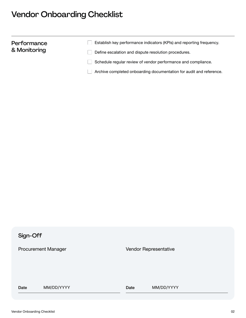 Vendor Onboarding Checklist with fields for vendor details, documentation verification, contract setup, system integration and performance monitoring