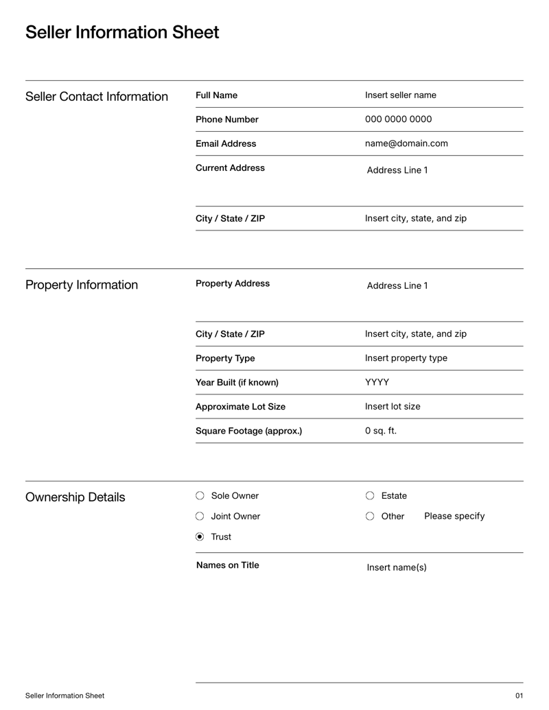 Seller Information Sheet Real Estate with sections for property details, ownership information, financial data and selling timeline