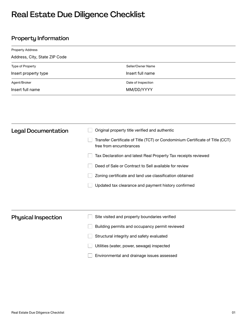 Real Estate Due Diligence Checklist form with sections for legal verification, property inspection, financial review and compliance checks
