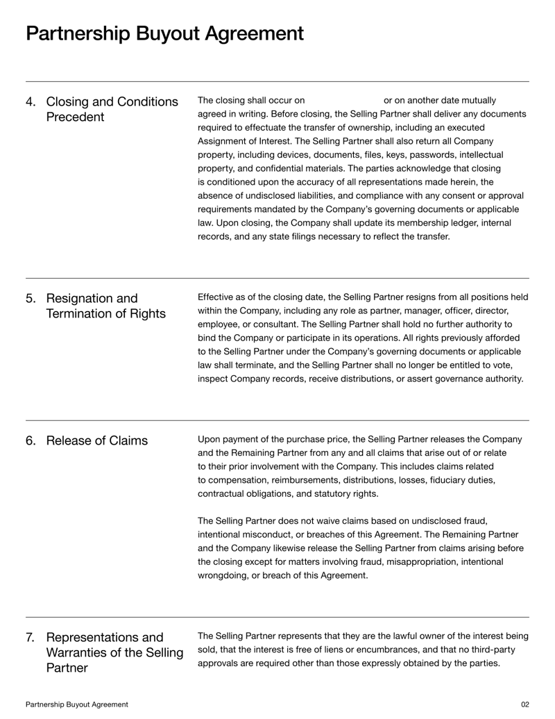 Partnership Buyout Agreement detailing the terms for purchasing a partner’s interest, valuation, payment terms, and transfer of ownership under US law