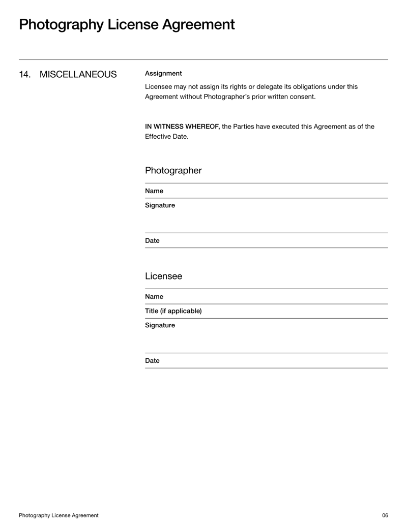 Photography License Agreement detailing usage rights, restrictions and copyright ownership between the photographer and the licensee