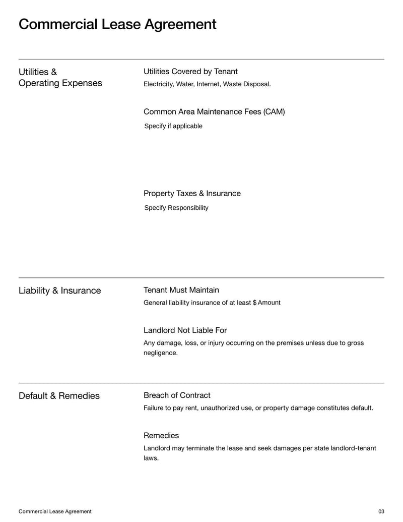 Commercial Lease Agreement for detailing rental terms, property use, and responsibilities between a landlord and a business tenant