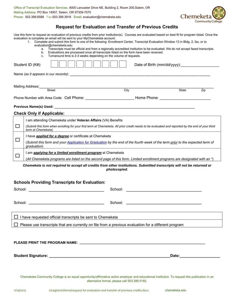 Large thumbnail of Chemeketa Community College Request for Evaluation and Transfer of Previous Credits