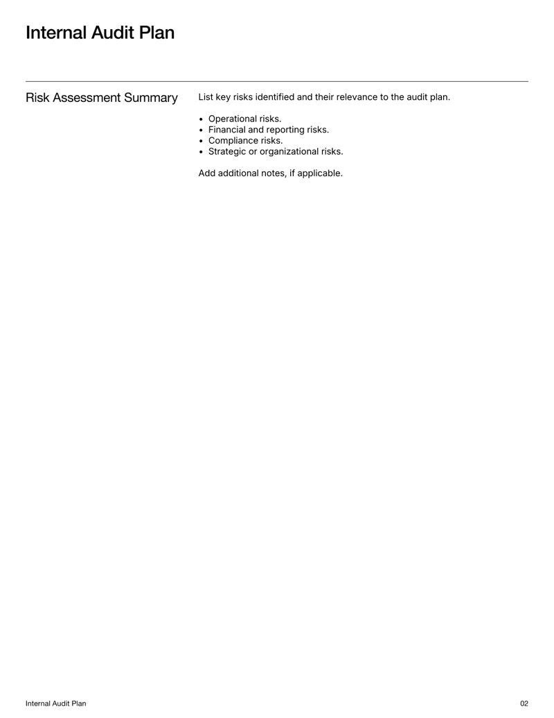 Internal Audit Plan template with sections for audit objectives, scope, risk assessment, schedule and signatures