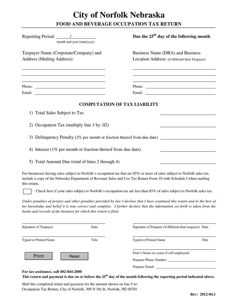 Large thumbnail of Nebraska Food and Beverage Occupation Tax Return